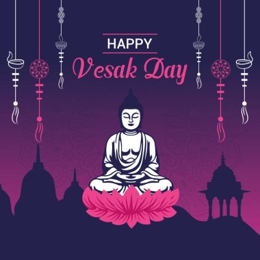 Flat vesak Günü illüstrasyon festivali sosyal medya paylaşımı ve vesak günü Banner 'ı kutluyor