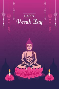 Vesak Günü illüstrasyon festivali için düz dikey poster şablonu sosyal medya paylaşımı ve vesak günü Banner 'ı kutluyor