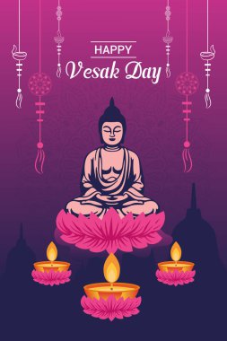 Vesak Günü illüstrasyon festivali için düz dikey poster şablonu sosyal medya paylaşımı ve vesak günü Banner 'ı kutluyor