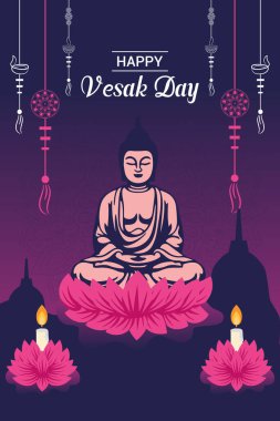 Vesak Günü illüstrasyon festivali için düz dikey poster şablonu sosyal medya paylaşımı ve vesak günü Banner 'ı kutluyor