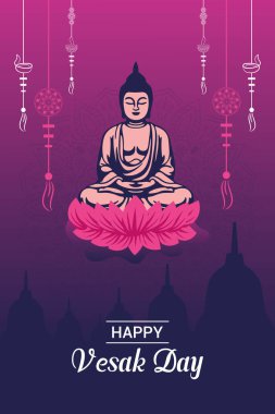 Vesak Günü illüstrasyon festivali için düz dikey poster şablonu sosyal medya paylaşımı ve vesak günü Banner 'ı kutluyor