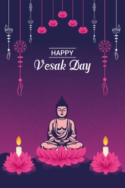 Vesak Günü illüstrasyon festivali için düz dikey poster şablonu sosyal medya paylaşımı ve vesak günü Banner 'ı kutluyor