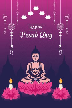 Vesak Günü illüstrasyon festivali için düz dikey poster şablonu sosyal medya paylaşımı ve vesak günü Banner 'ı kutluyor