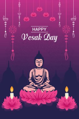 Vesak Günü illüstrasyon festivali için düz dikey poster şablonu sosyal medya paylaşımı ve vesak günü Banner 'ı kutluyor