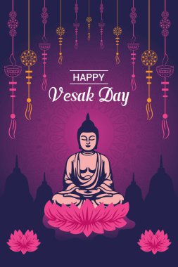 Vesak Günü illüstrasyon festivali için düz dikey poster şablonu sosyal medya paylaşımı ve vesak günü Banner 'ı kutluyor