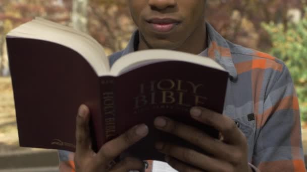 Young Black Man Reading Bible Smiling Faith Inspiration — Stock Video