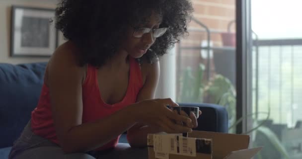 Frau Blickt Nach Paketzustellung Auf Neues Amazon Echo Konsumdenken Und — Stockvideo