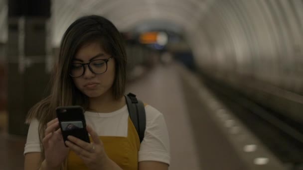 Young Gen Woman Phone Subway Train System — Stock Video