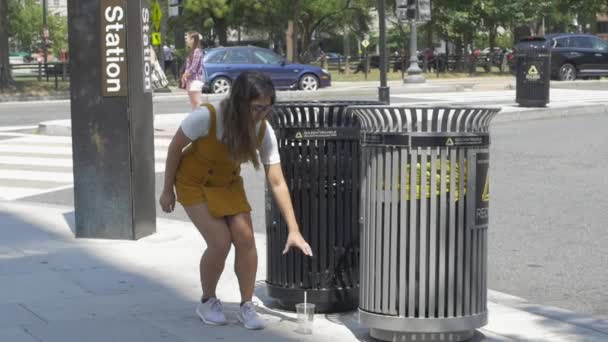Young Woman Picks Trash Recycle City Fighting Climate Change — Stock Video