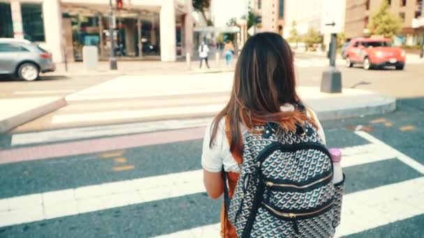 Felnőtt Diák Egy Hátizsák Séta Város Crosswalk Lassú Mozgás — Stock videók