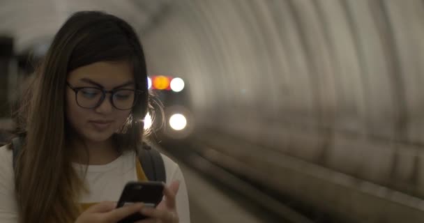Woman Waits Train Subway — Stock Video