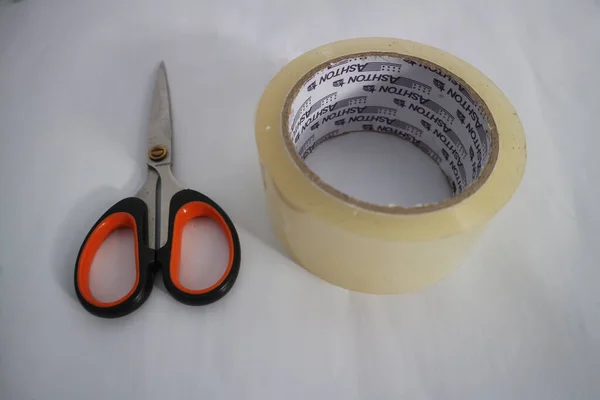 Scissors Cutting Tape White Background — Stock Photo, Image