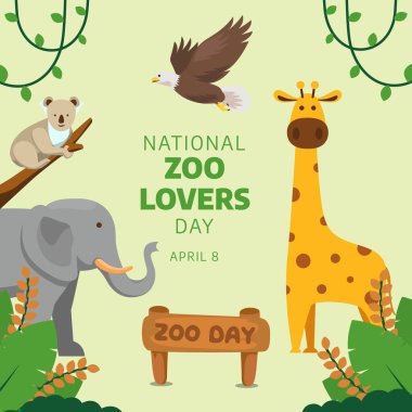 Ulusal hayvanat bahçesi aşıkları günü vektör illüstrasyonu. Ulusal hayvanat bahçesi aşıkları günü Fil zürafa kartalı ve koala ile.