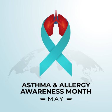 Ulusal Astım ve Alerji Bilinci Ayı Kutlama Tasarım Şablonu. Asterma ve alerjik tasarım elementleri, akciğer kurdelesi ve steteskop vektör çizimi. düz dizayn. tıbbi tasarım.