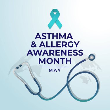 Ulusal Astım ve Alerji Bilinci Ayı Kutlama Tasarım Şablonu. Asterma ve alerjik tasarım elementleri, akciğer kurdelesi ve steteskop vektör çizimi. düz dizayn. tıbbi tasarım.