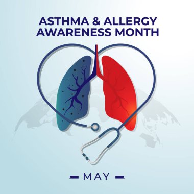 Ulusal Astım ve Alerji Bilinci Ayı Kutlama Tasarım Şablonu. Asterma ve alerjik tasarım elementleri, akciğer kurdelesi ve steteskop vektör çizimi. düz dizayn. tıbbi tasarım.