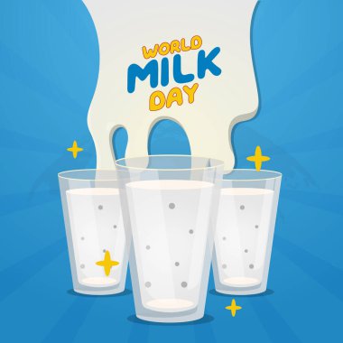 Kutlama için dünya süt günü tasarım şablonu. Süt tozu ve süt bardağıyla dünya süt günü vektör illüstrasyonu. Düz süt çizimi. Sıçrama vektörü tasarımı.