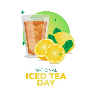 Çay ve limon resimli ulusal buzlu çay günü. Yaz içkisi illüstrasyonu. Buzlu çay vektör çizimi. limon illüstrasyonu