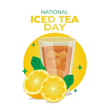 Çay ve limon resimli ulusal buzlu çay günü. Yaz içkisi illüstrasyonu. Buzlu çay vektör çizimi. limon illüstrasyonu