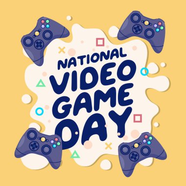 Kutlama için ulusal video oyunu günü vektör tasarımı şablonu. Video oyun konsol vektör tasarımı. Video oyunu denetleyici düz vektör.