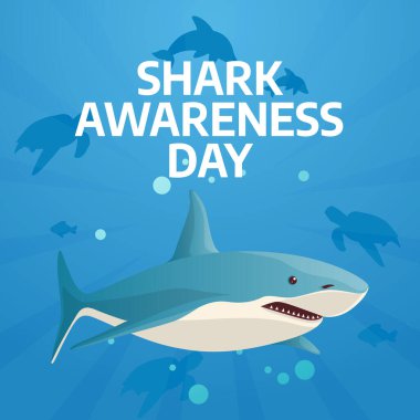 Köpekbalığı farkındalığı günü için kutlama şablonu. Köpekbalığı farkındalık günü vektör şablonu. Köpekbalığı vektör tasarımı. Düz köpekbalığı tasarımı. balık silueti.