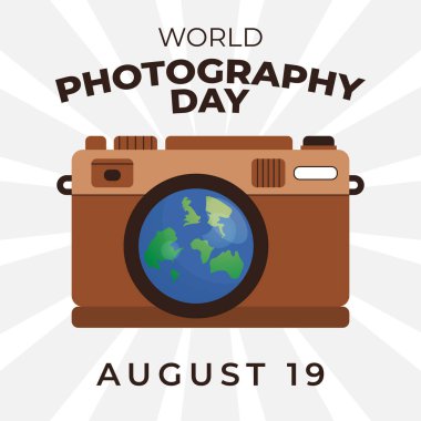 Dünya fotoğraf günü tasarımı selamlama için iyi bir şablon. Kamera illüstrasyonu. düz kamera tasarımı. 10 illüstrasyon var. düz dizayn.