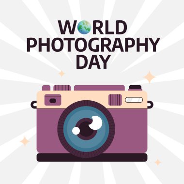 Dünya fotoğraf günü tasarımı selamlama için iyi bir şablon. Kamera illüstrasyonu. düz kamera tasarımı. 10 illüstrasyon var. düz dizayn.