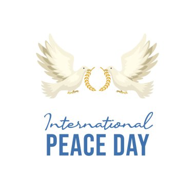 Uluslararası Barış Günü 'nün, güvercin barışı uçuşları ve olaylarla ilgili düz yazı ve açık mavi arkaplan üzerine örnek metinleri içeren posterleri..