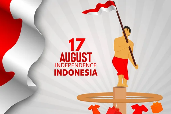 Ινδονησία Ευτυχισμένη Ημέρα Ανεξαρτησίας Άνθρωπος Κρατώντας Σημαία Φόντο — Διανυσματικό Αρχείο