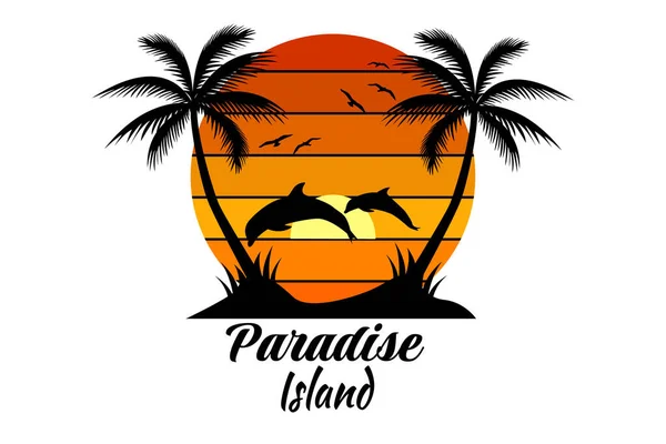 Paradise Island Retro Vintage Tasarım Peyzajı — Stok Vektör
