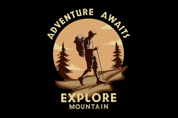 Aventure Attend Explorer Montagne Rétro Vintage Design Paysage — Image vectorielle