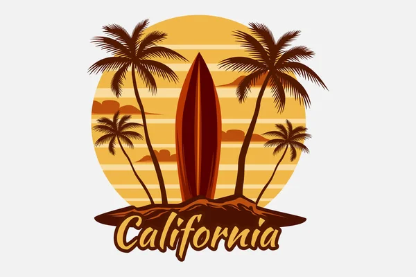 California Surf Playa Retro Vintage Diseño Paisaje — Archivo Imágenes Vectoriales