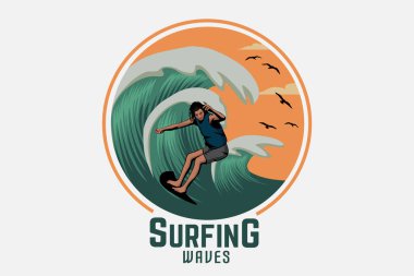 Sörf dalgaları antika tasarım manzarası