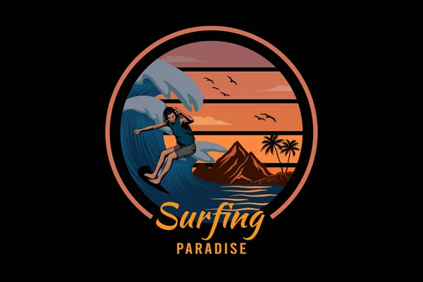 Surf Paraíso Retro Vintage Diseño Paisaje — Archivo Imágenes Vectoriales