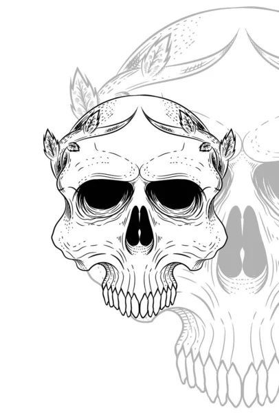 Crâne Humain Avec Illustration Plantes Feuilles — Image vectorielle