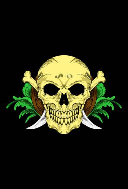 Kemik bıçağı ve yaprak süslemeli kafatası çizimi