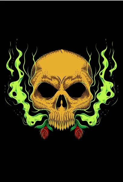 Crâne Humain Avec Illustration Vectorielle Fumée Fleurs — Image vectorielle