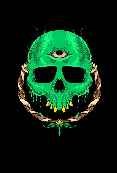Cráneo Con Monstruo Verde Vector Ilustración — Vector de stock