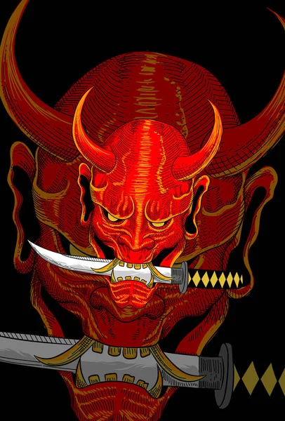 Démon Maska Samurajským Mečem Ilustrace — Stockový vektor