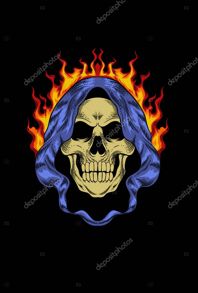 Skull with cloak and fire vector illustration