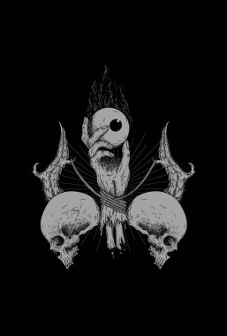 Elleri birbirine dolanmış, iplere dolanmış, parlak boynuzlarla bağlanmış, kafatasının yanında.