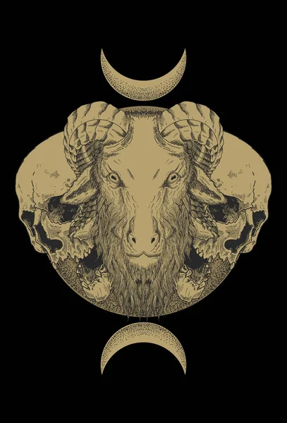 月のアートワークの詳細イラストとヤギと頭蓋骨 — ストックベクタ