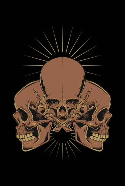 ダークアート3頭の頭蓋骨 ヒューマンアートワークイラストブラックアート — ストックベクタ