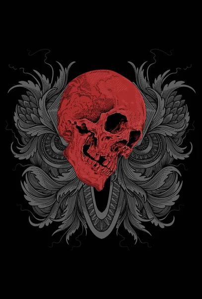Dark Art Skull Demon Hoofd Menselijke Rode Kleur Met Ornament — Stockvector