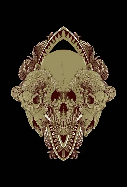 Cráneo Cabra Del Cráneo Con Ilustración Obras Arte Ornamento — Vector de stock