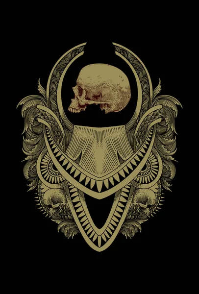Arte Oscuro Trabajo Cráneo Cabeza Humana Con Ilustración Ornamento — Archivo Imágenes Vectoriales