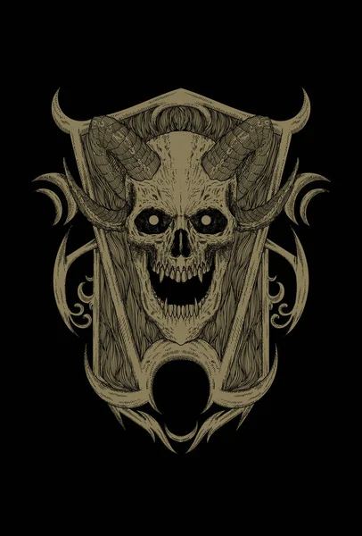 Skull Temple Ornament Horn Moon Artwork Illustration — Stock Vector