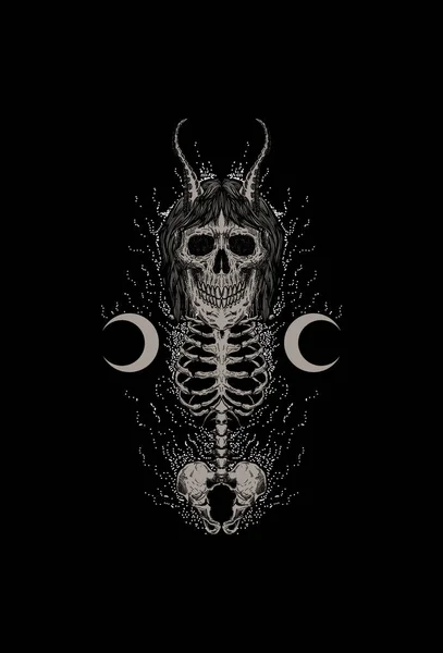 Corps Crâne Avec Des Cheveux Effrayants Illustration Croissant Lune — Image vectorielle