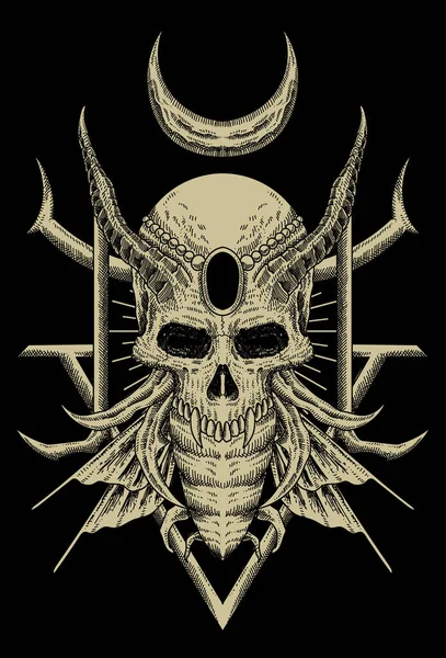 Cráneo Cabeza Con Ilustración Cucaracha Cuerno — Vector de stock