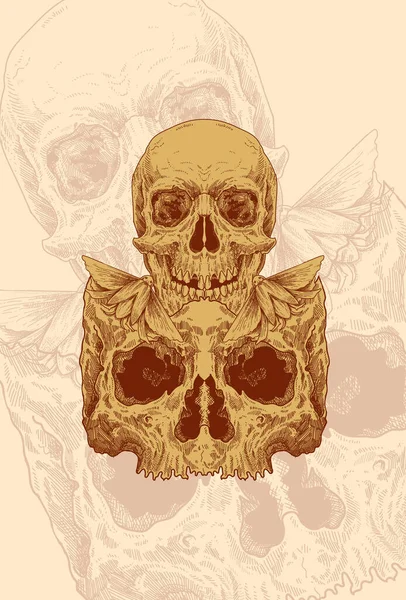 頭の頭蓋骨とゴキブリのアートワークイラスト — ストックベクタ